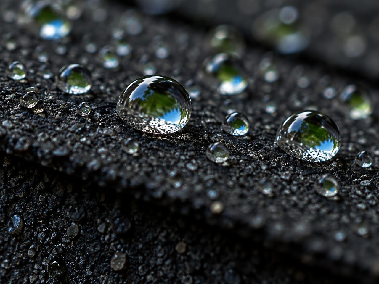 Gouttes d'eau perlant sur un bardeau traité